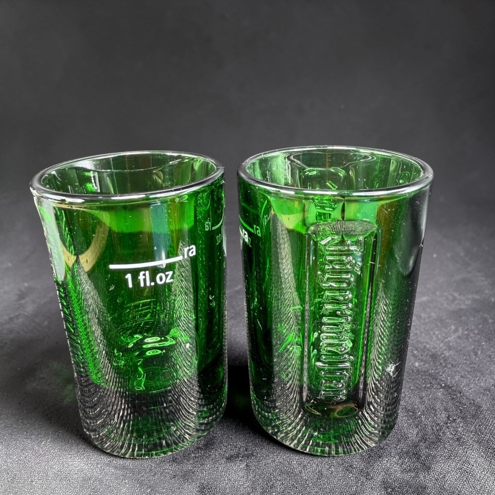Jagermeister Green Shot Glasses Set of 2 Embossed Logo 1 fl oz Measurement Line